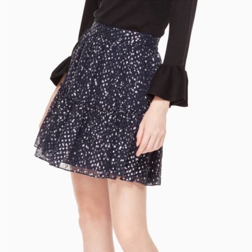 Kate Spade Navy blue and silver metallic stars flounce mini skirt nwot